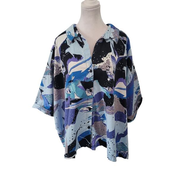 Attitudes by Renee Size 1X Blue Art To Wear Button Up Short Sleeve Mature - Picture 1 of 7